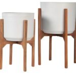 Modern White Ceramic Planters with Wooden Stands