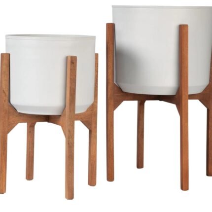 Modern White Ceramic Planters with Wooden Stands