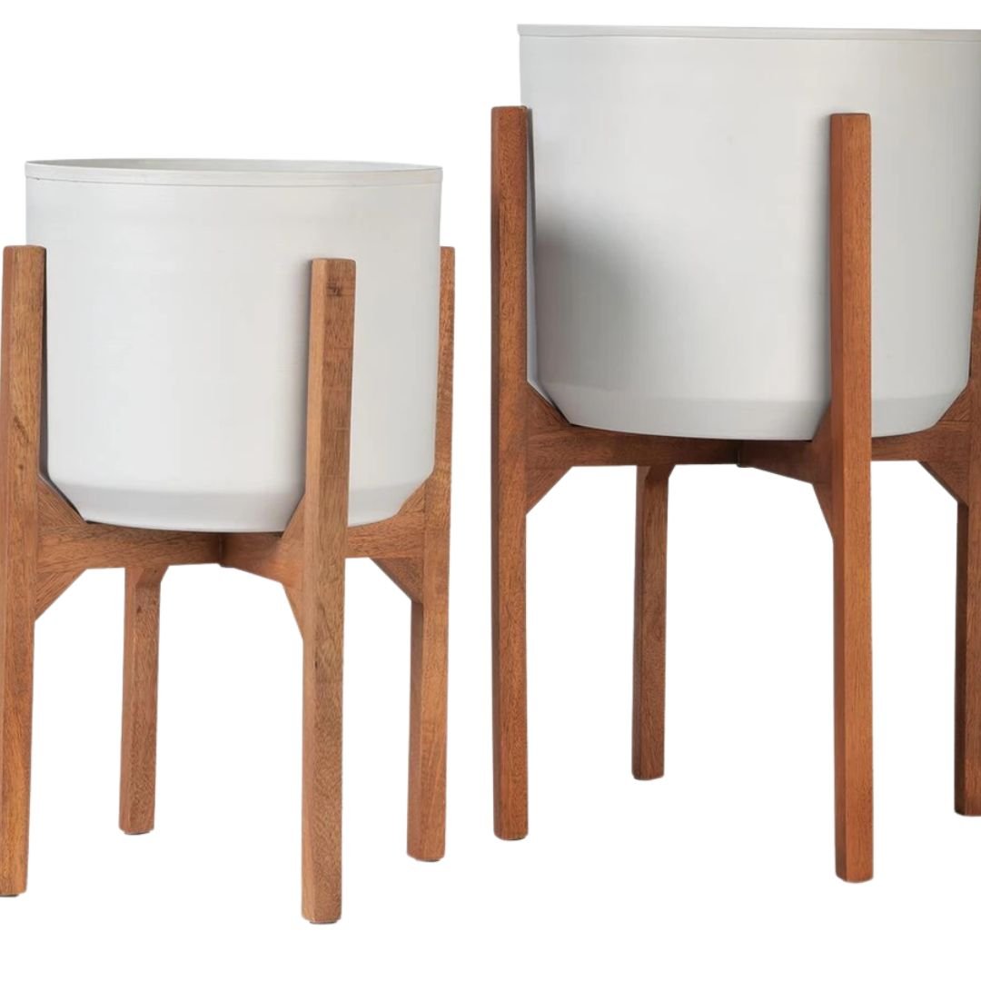 Untitled design - 2026-08-12T113747.572 Modern White Ceramic Planters with Wooden Stands - Image 1