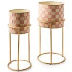 Elegant Pink Checkered Metal Planter Stand Set