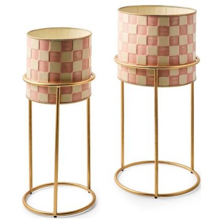 Elegant Pink Checkered Metal Planter Stand Set